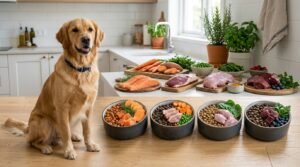 Two premium dog food bowls displayed side by side, one representing grain-free food with sweet potatoes and peas, the other representing hypoallergenic food with carefully selected protein ingredients, healthy dog between the bowls, clean professional pet nutrition setting, realistic photography, no text or labels, 16:9.