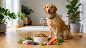 Two premium dog food bowls displayed side by side, one representing grain-free food with sweet potatoes and peas, the other representing hypoallergenic food with carefully selected protein ingredients, healthy dog between the bowls, clean professional pet nutrition setting, realistic photography, no text or labels, 16:9.