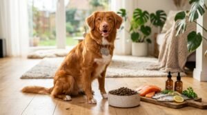 Two premium dog food bowls displayed side by side, one representing grain-free food with sweet potatoes and peas, the other representing hypoallergenic food with carefully selected protein ingredients, healthy dog between the bowls, clean professional pet nutrition setting, realistic photography, no text or labels, 16:9.