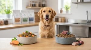 Two premium dog food bowls displayed side by side, one representing grain-free food with sweet potatoes and peas, the other representing hypoallergenic food with carefully selected protein ingredients, healthy dog between the bowls, clean professional pet nutrition setting, realistic photography, no text or labels, 16:9.